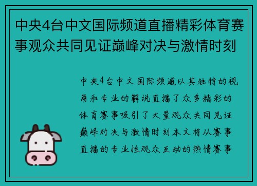 中央4台中文国际频道直播精彩体育赛事观众共同见证巅峰对决与激情时刻