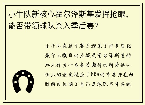 小牛队新核心霍尔泽斯基发挥抢眼，能否带领球队杀入季后赛？