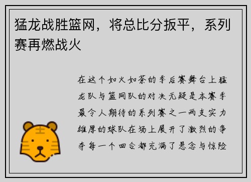 猛龙战胜篮网，将总比分扳平，系列赛再燃战火
